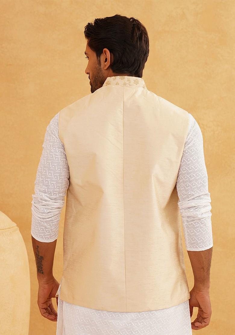 Beige Embroidered Poly Blend Nehru Jackets For Men
