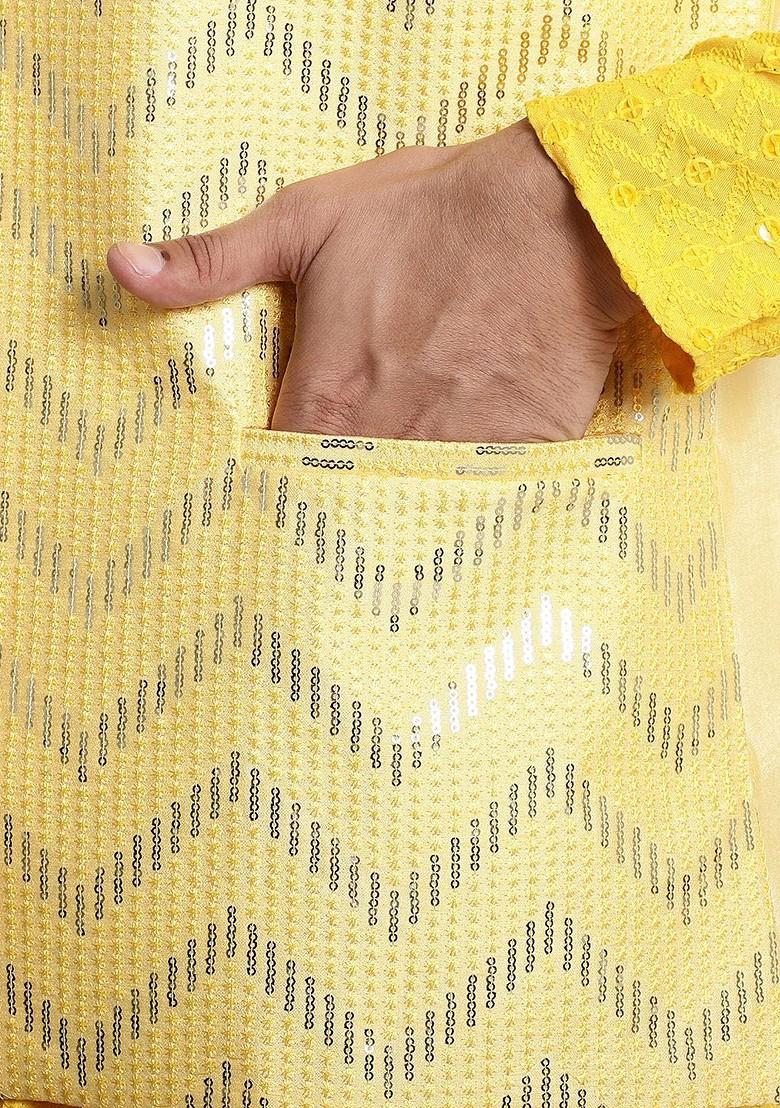 Yellow Embellished Silk Nehru Jackets For Men