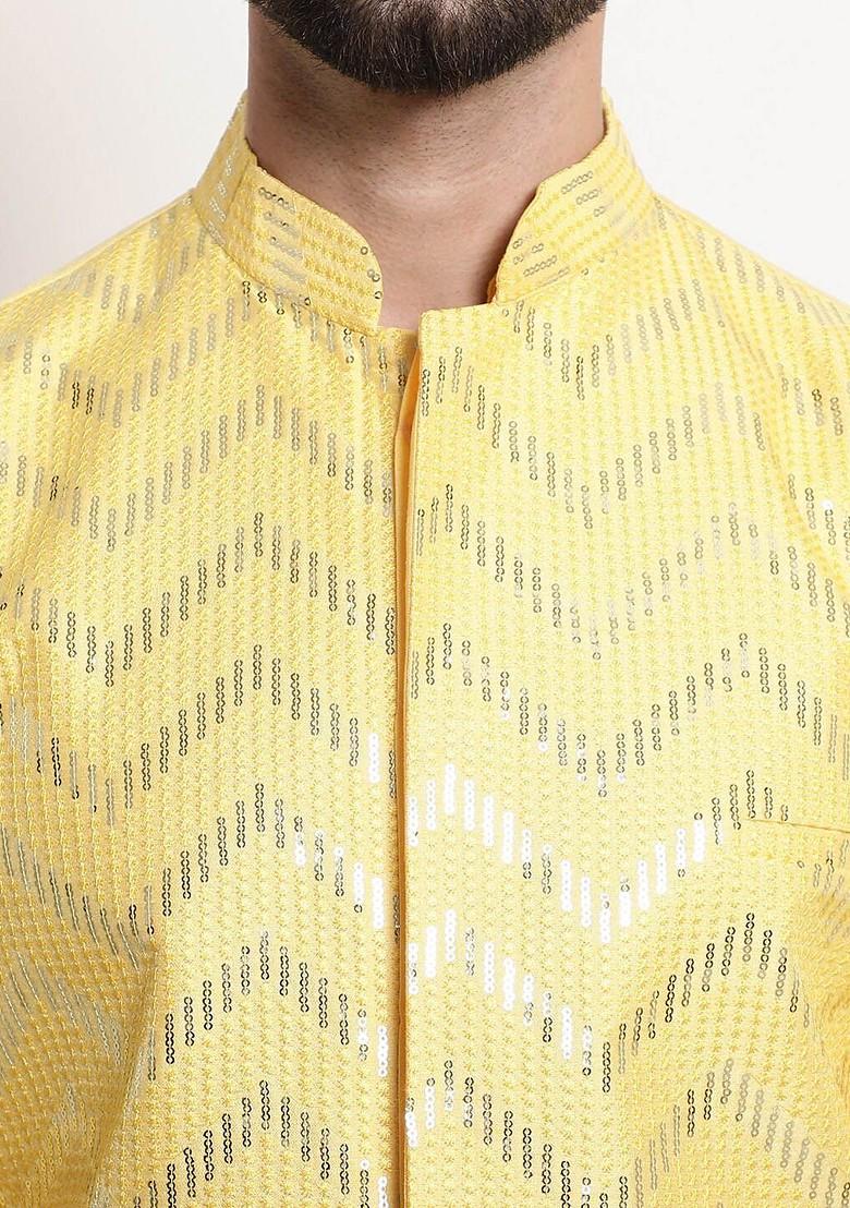 Yellow Embellished Silk Nehru Jackets For Men