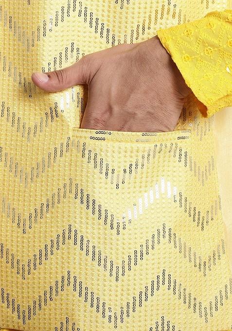 Yellow Embellished Silk Nehru Jackets For Men