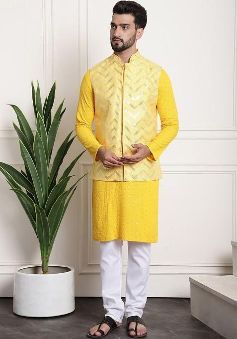 Yellow Embellished Silk Nehru Jackets For Men