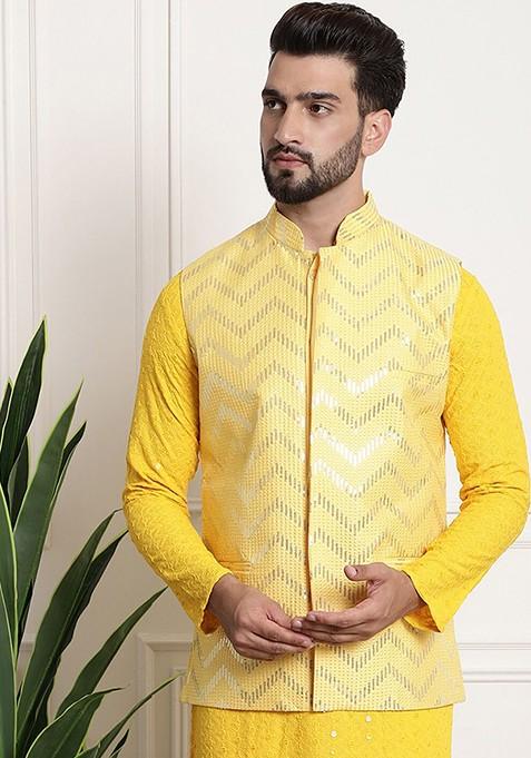 Yellow Embellished Silk Nehru Jackets For Men