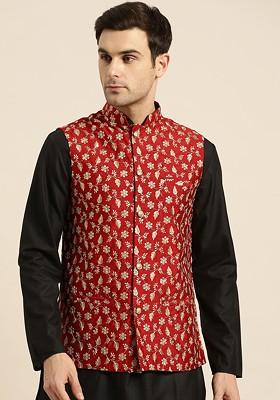 Red Embroidered Poly Blend Nehru Jackets For Men