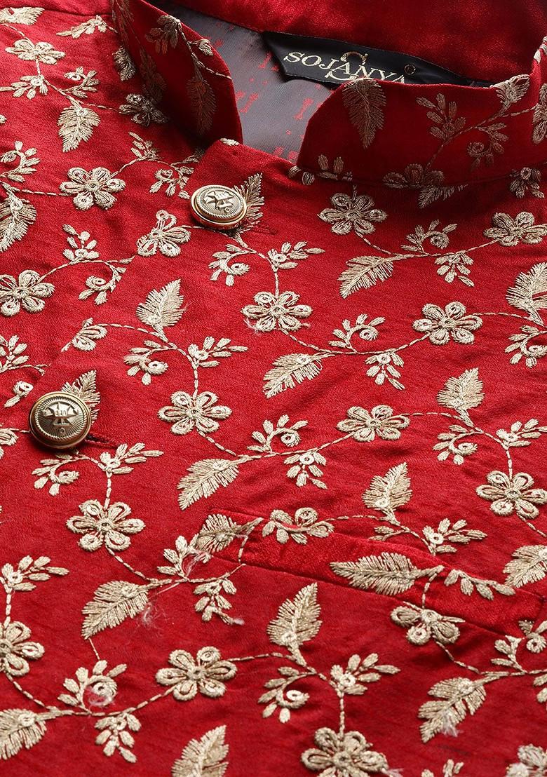 Red Embroidered Poly Blend Nehru Jackets For Men