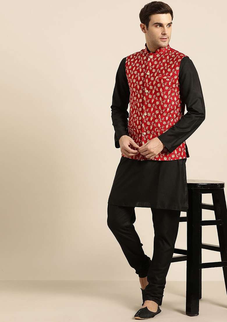 Red Embroidered Poly Blend Nehru Jackets For Men - Indya