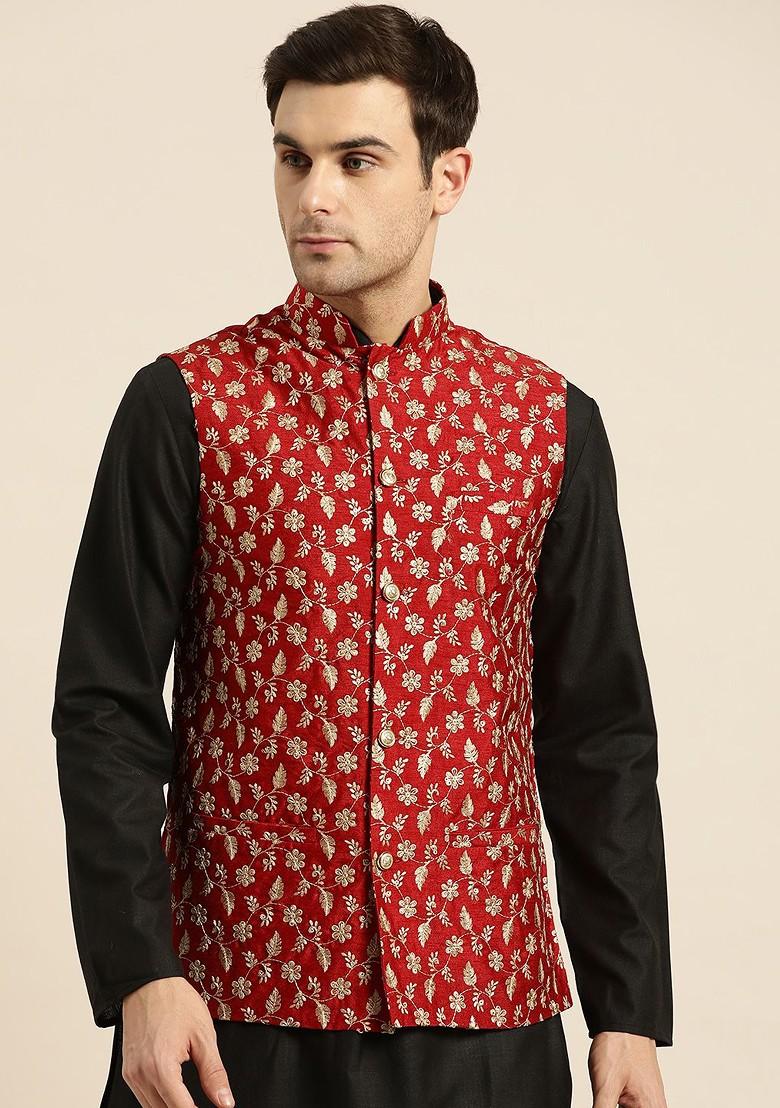 Red Embroidered Poly Blend Nehru Jackets For Men