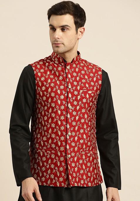 Red Embroidered Poly Blend Nehru Jackets For Men — view on Indya