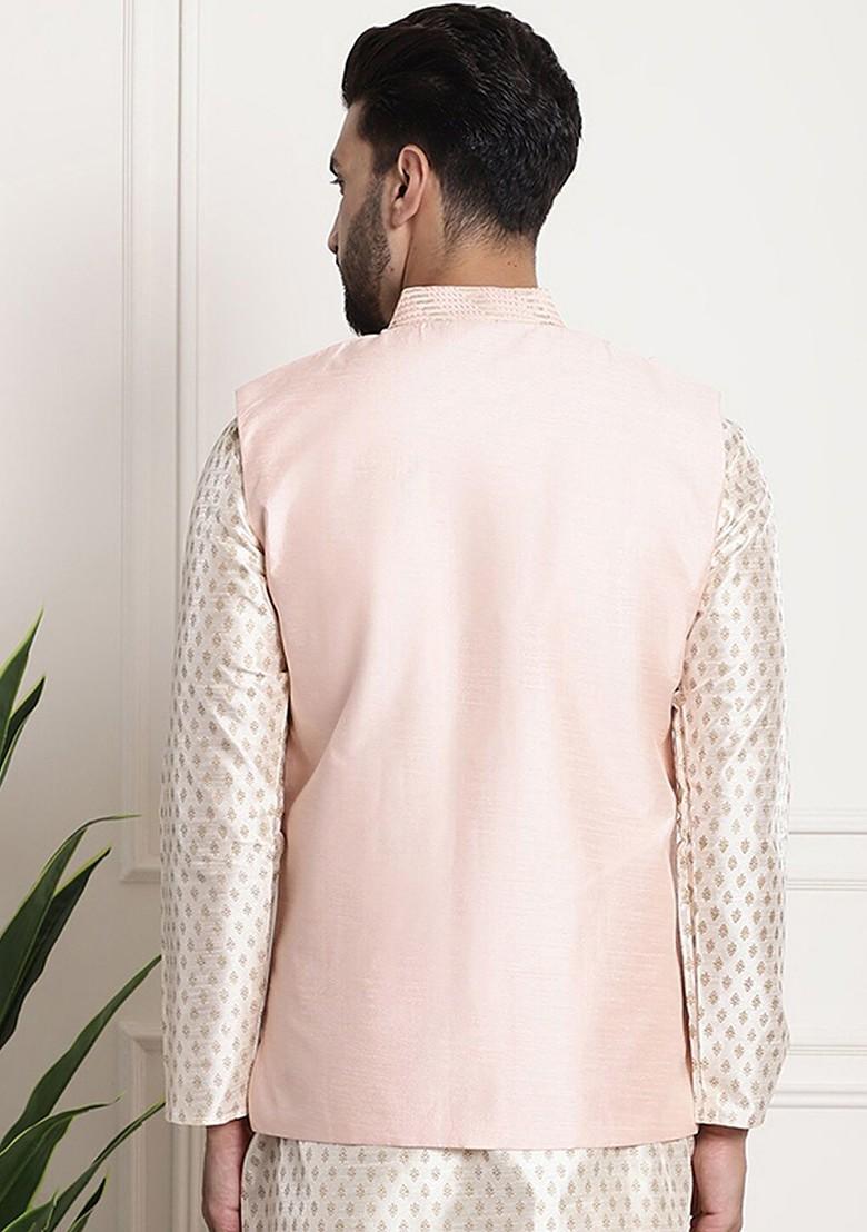 Peach Embellished Poly Blend Nehru Jackets For Men