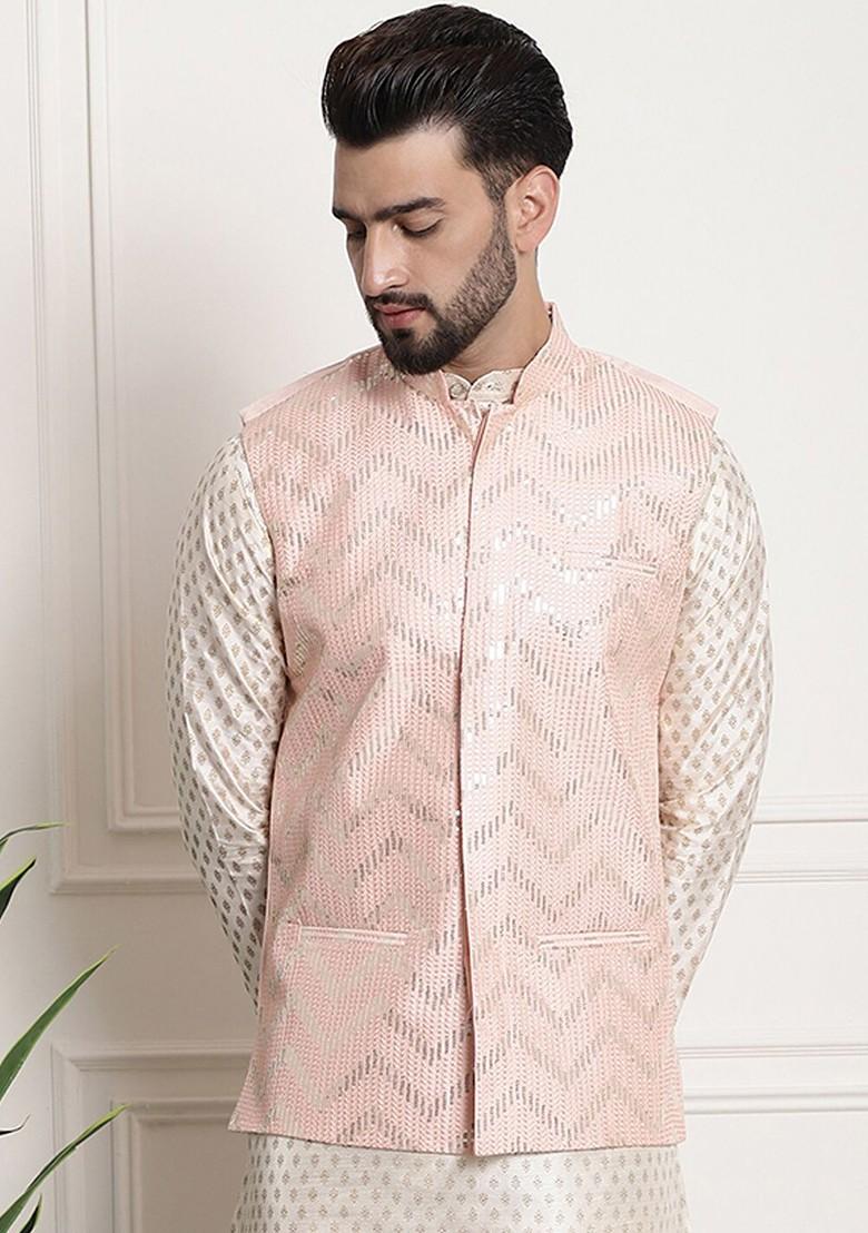 Peach Embellished Poly Blend Nehru Jackets For Men