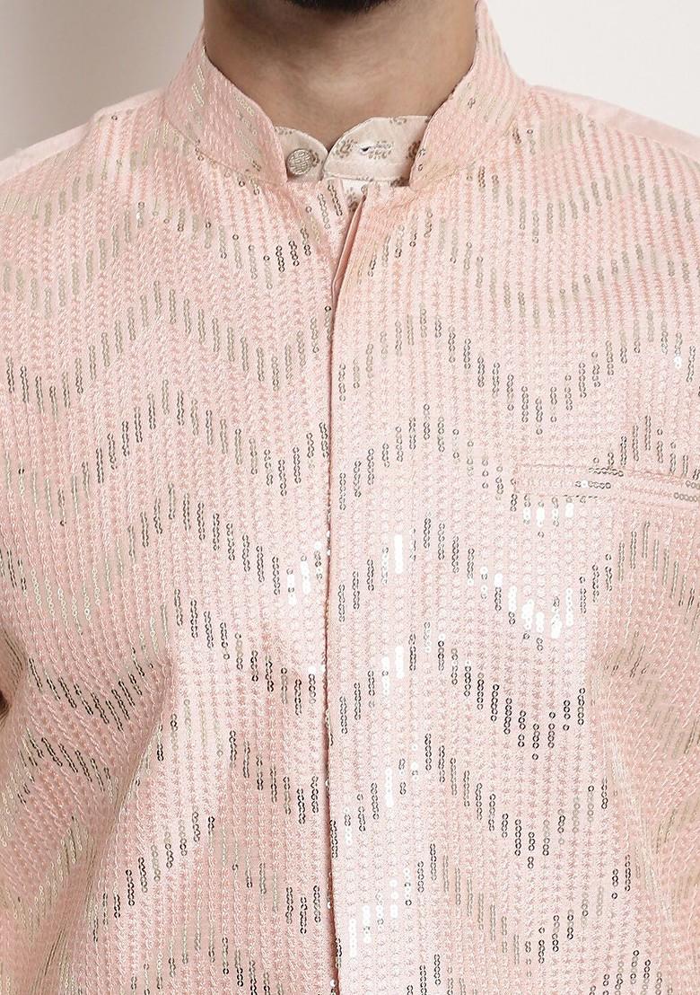Peach Embellished Poly Blend Nehru Jackets For Men