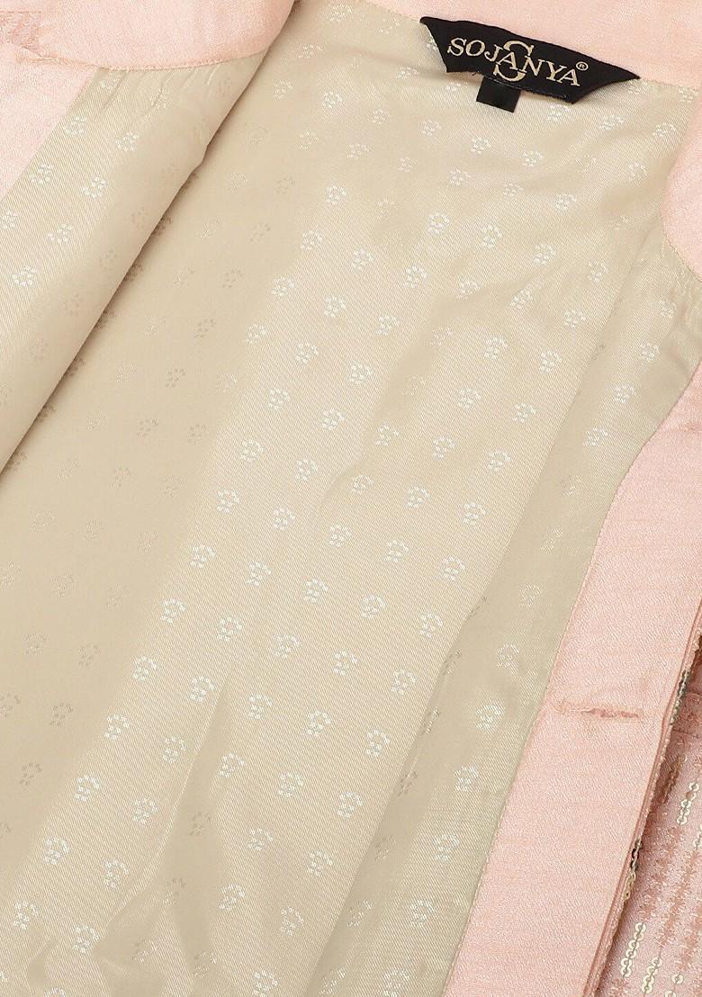 Peach Embellished Poly Blend Nehru Jackets For Men