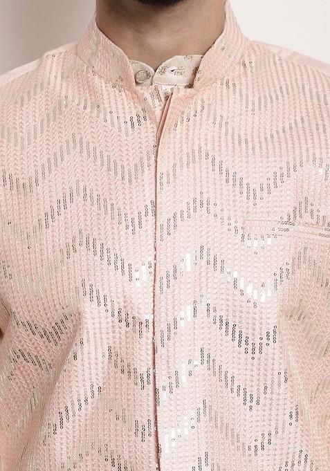 Peach Embellished Poly Blend Nehru Jackets For Men