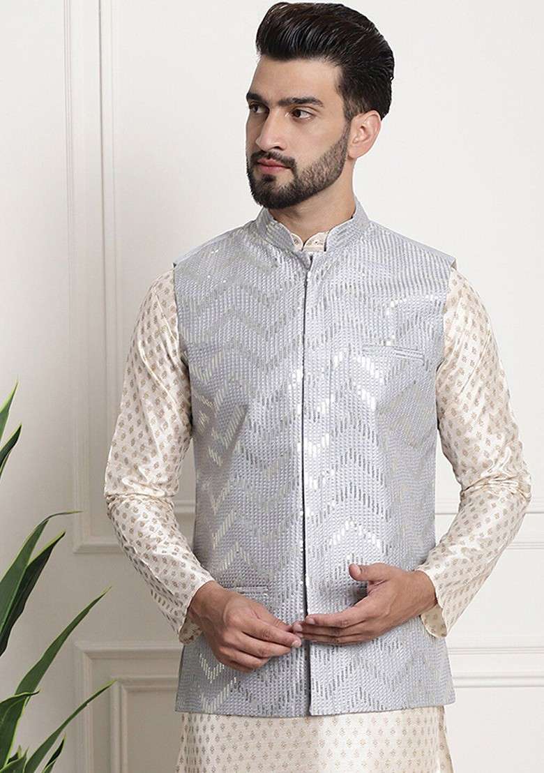 Grey Embellished Poly Blend Nehru Jackets For Men - Indya