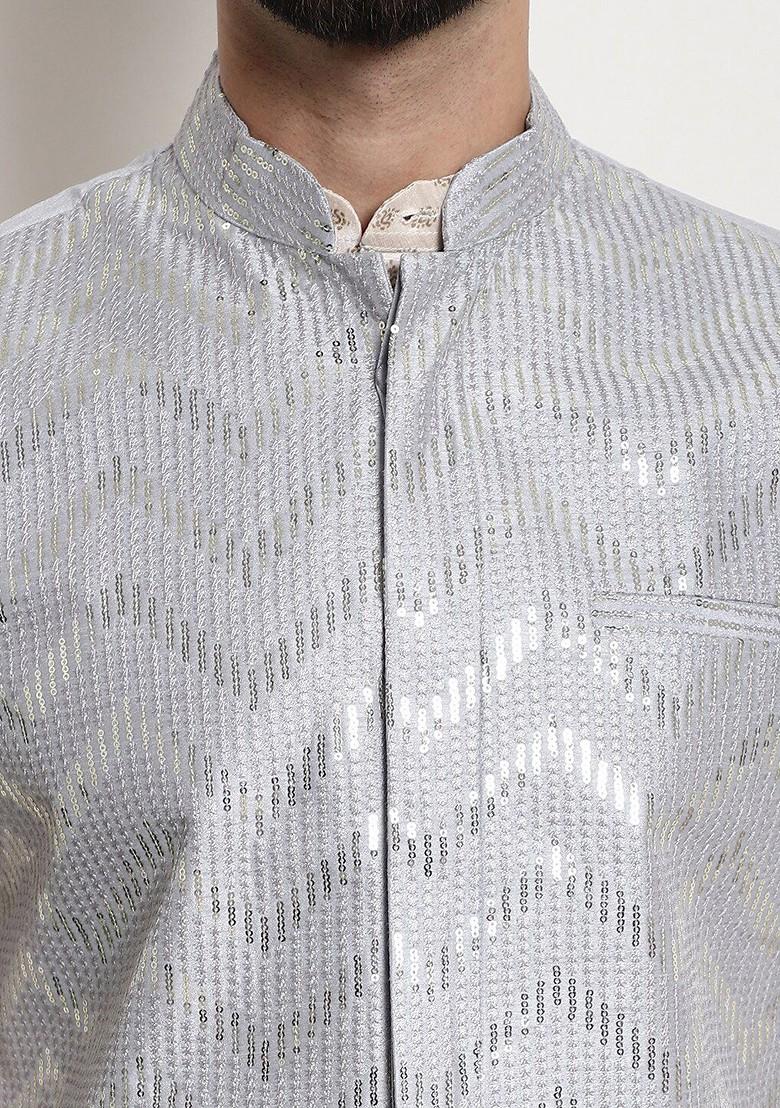 Grey Embellished Poly Blend Nehru Jackets For Men