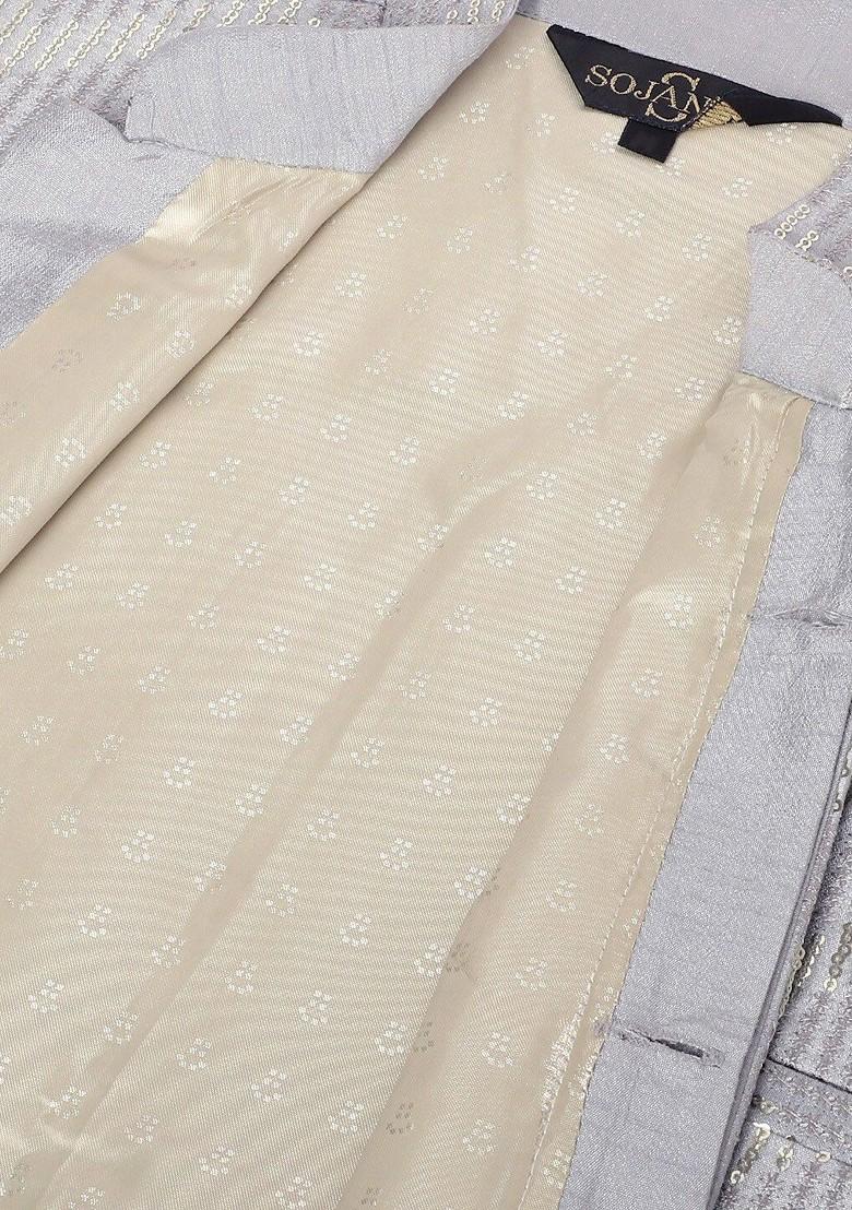 Grey Embellished Poly Blend Nehru Jackets For Men