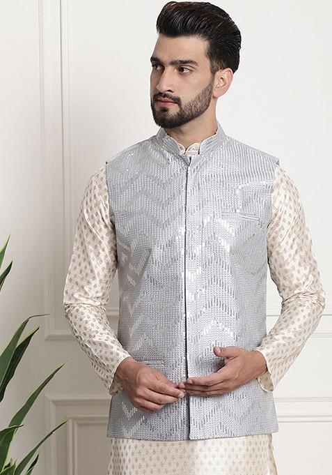 Grey Embellished Poly Blend Nehru Jackets For Men — view on Indya
