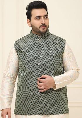 Green Printed Poly Blend Nehru Jackets For Men