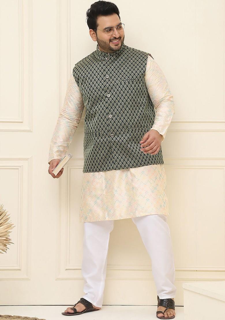 Green Printed Poly Blend Nehru Jackets For Men