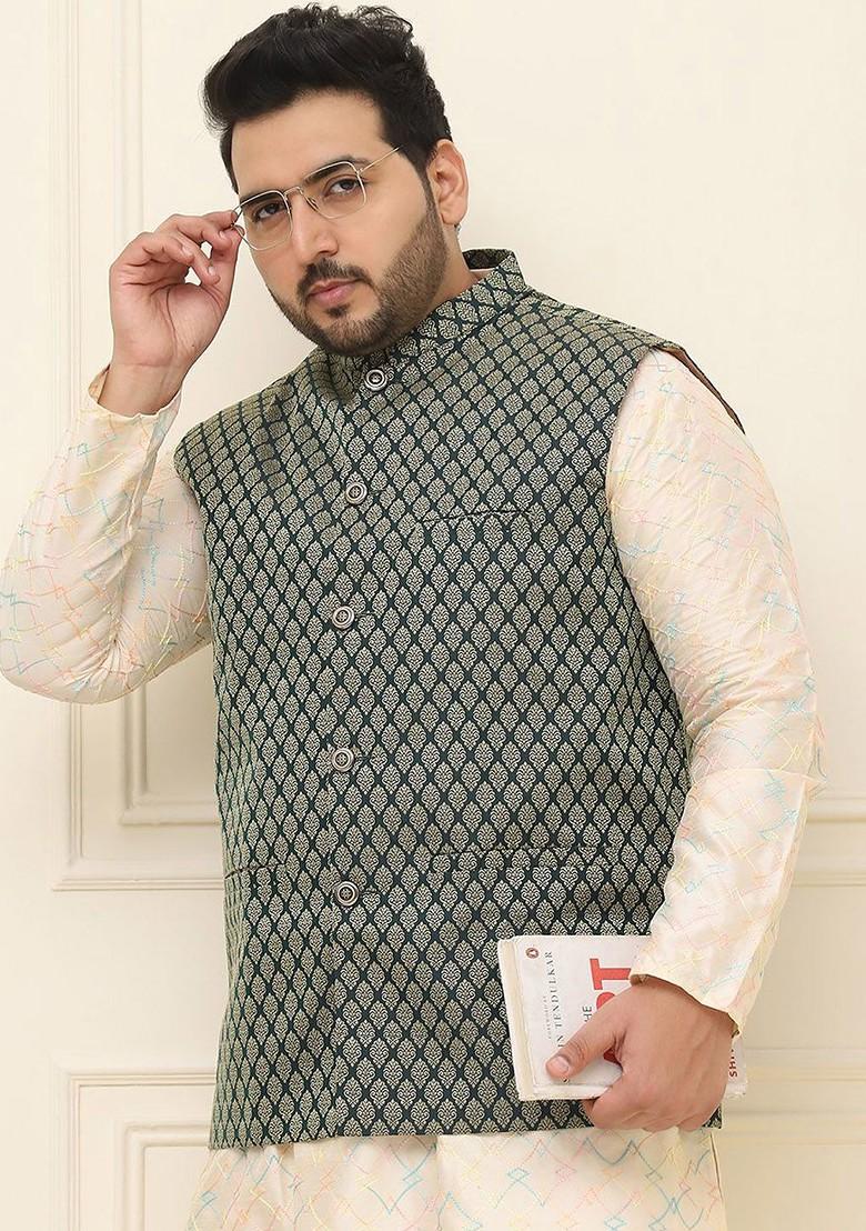 Green Printed Poly Blend Nehru Jackets For Men