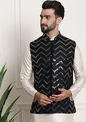 Black Embellished Silk Nehru Jackets For Men