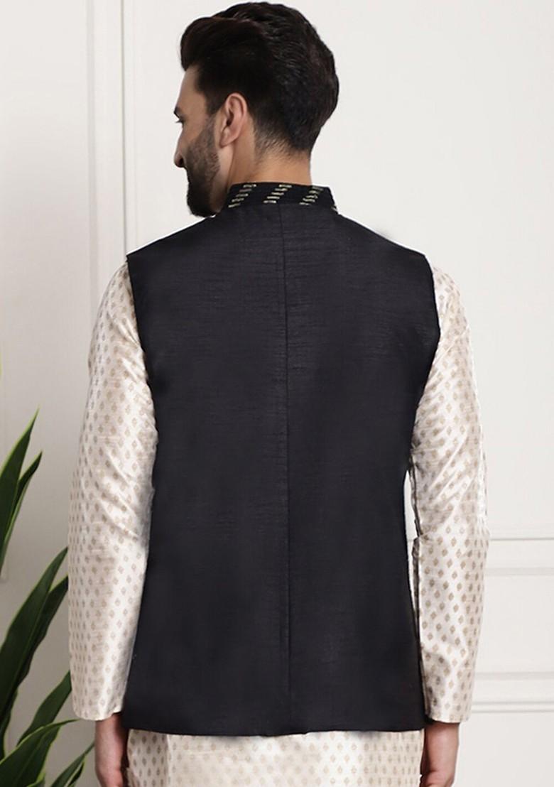 Black Embellished Silk Nehru Jackets For Men