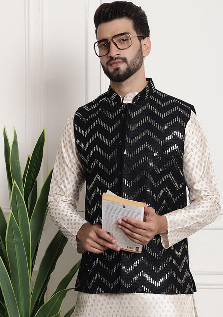 Black Embellished Silk Nehru Jackets For Men