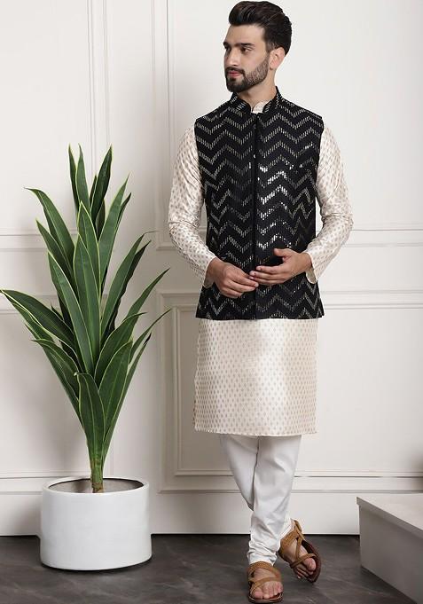 Black Embellished Silk Nehru Jackets For Men