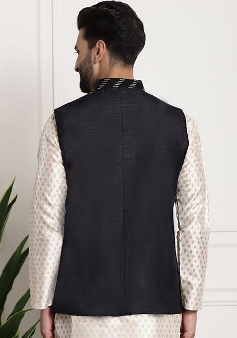 Black Embellished Silk Nehru Jackets For Men