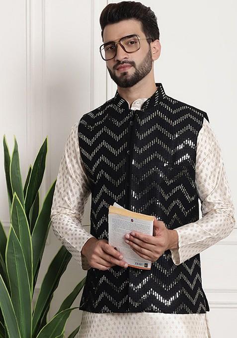 Black Embellished Silk Nehru Jackets For Men