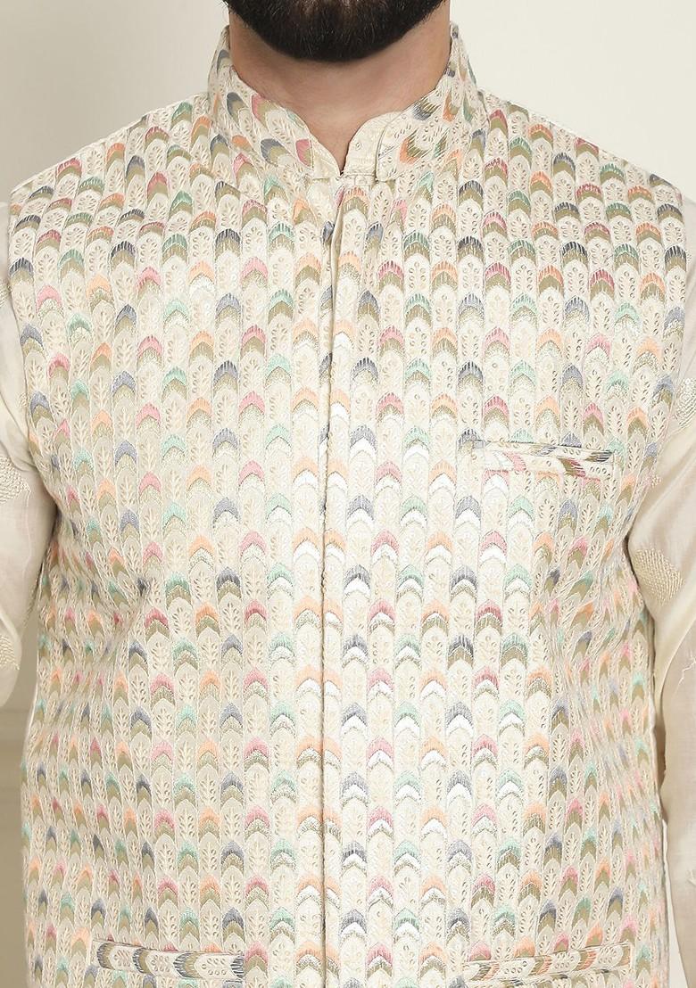 Cream Embroidered Poly Blend Nehru Jackets For Men