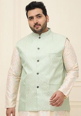 Sea Green Ethnic Motifs Jacquard Nehru Jackets For Men
