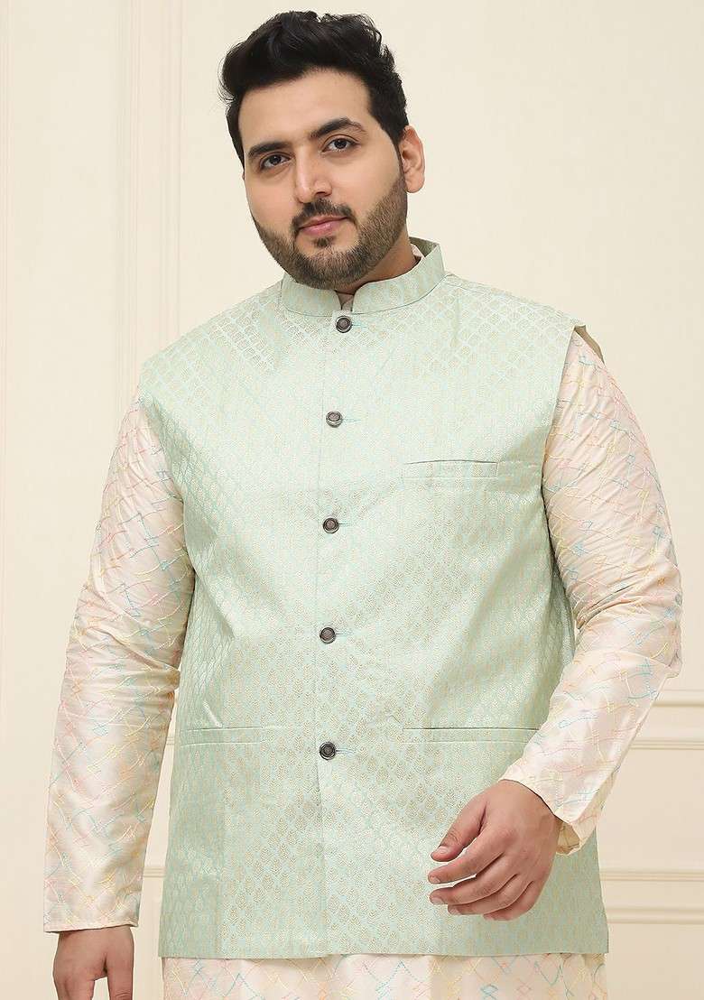 Sea Green Ethnic Motifs Jacquard Nehru Jackets For Men - Indya