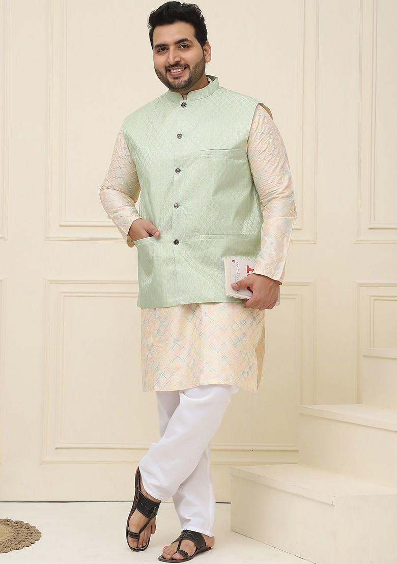 Sea Green Ethnic Motifs Jacquard Nehru Jackets For Men