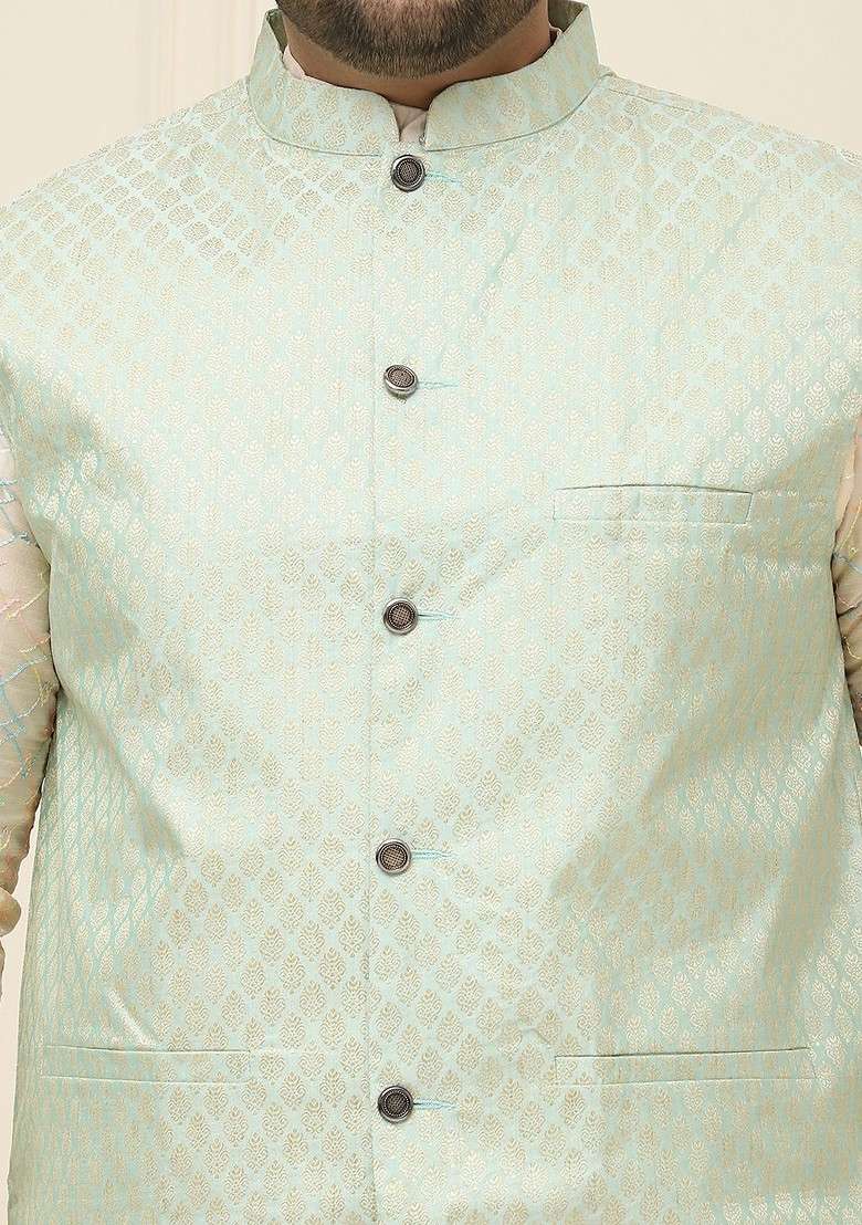 Sea Green Ethnic Motifs Jacquard Nehru Jackets For Men - Indya