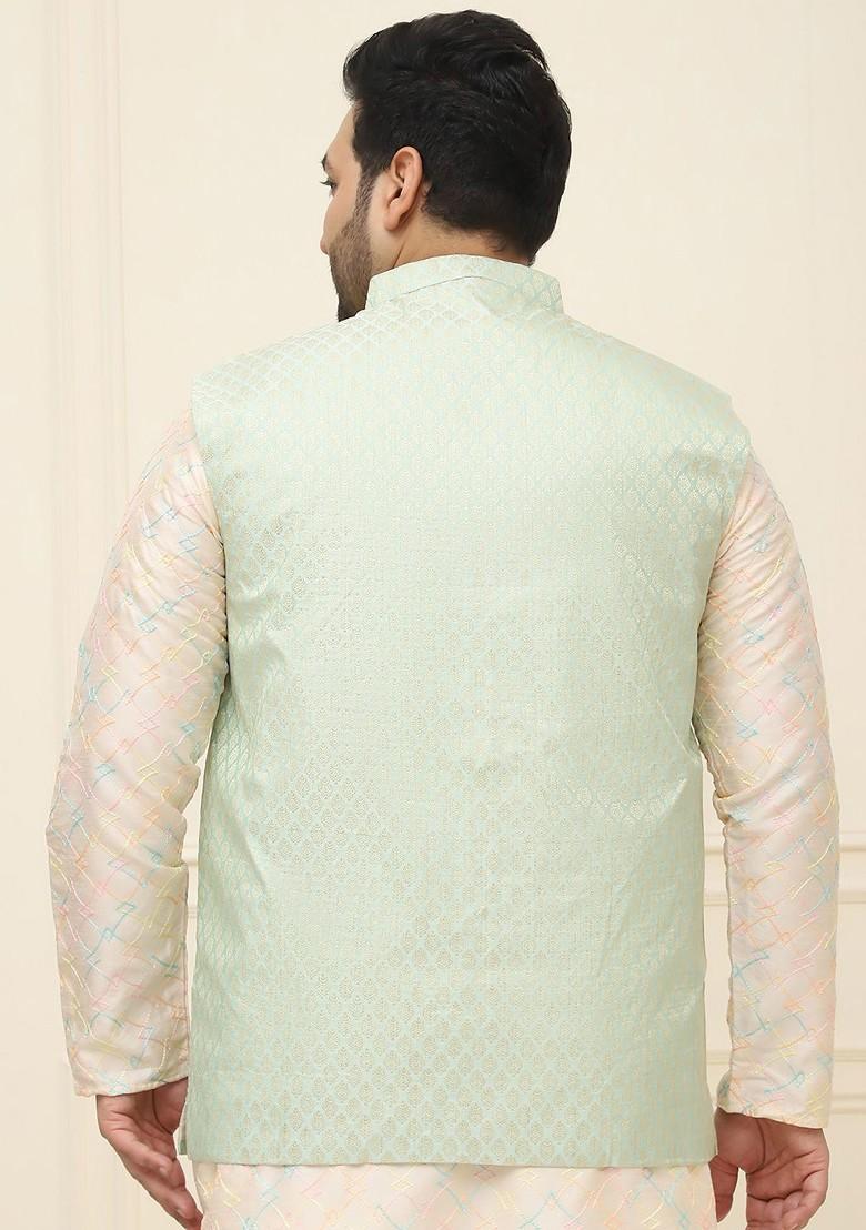 Sea Green Ethnic Motifs Jacquard Nehru Jackets For Men