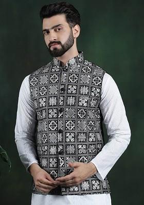 Black Embroidered Poly Blend Nehru Jackets For Men