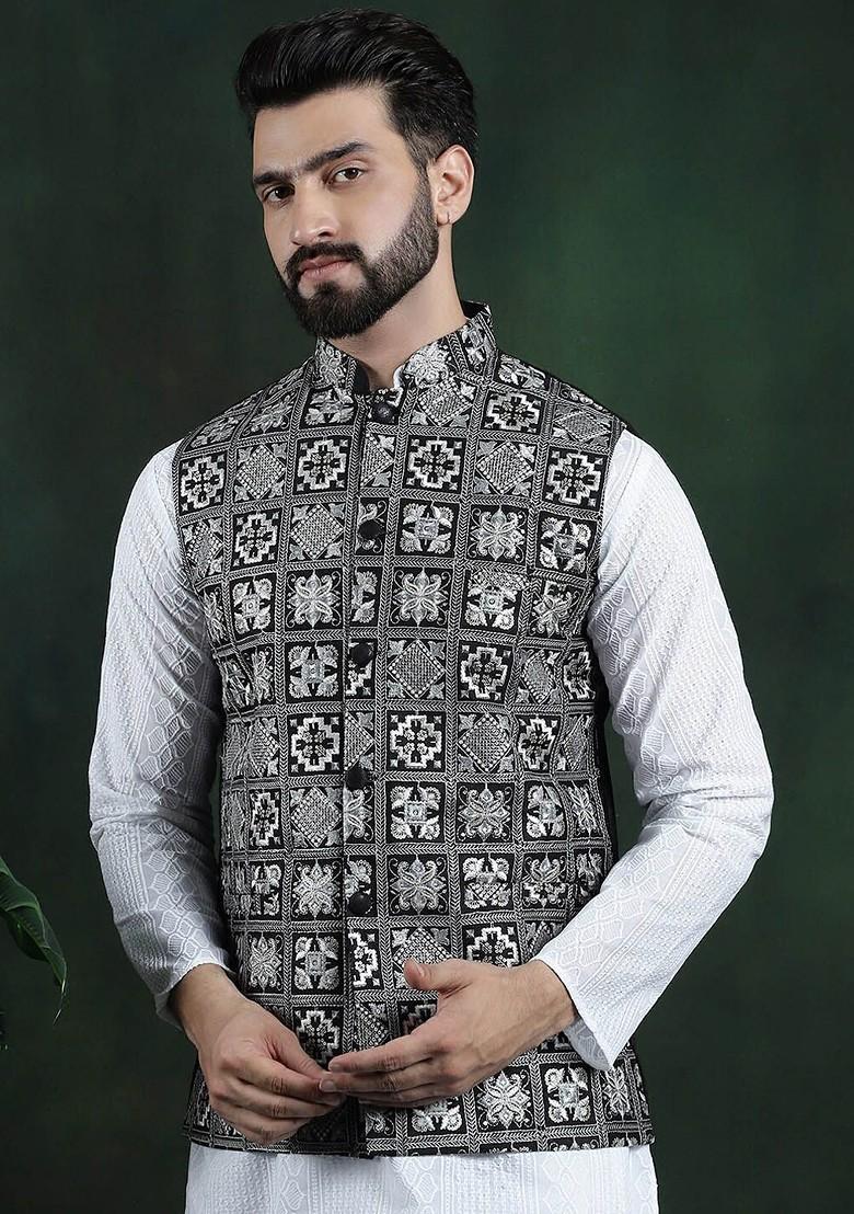 Black Embroidered Poly Blend Nehru Jackets For Men