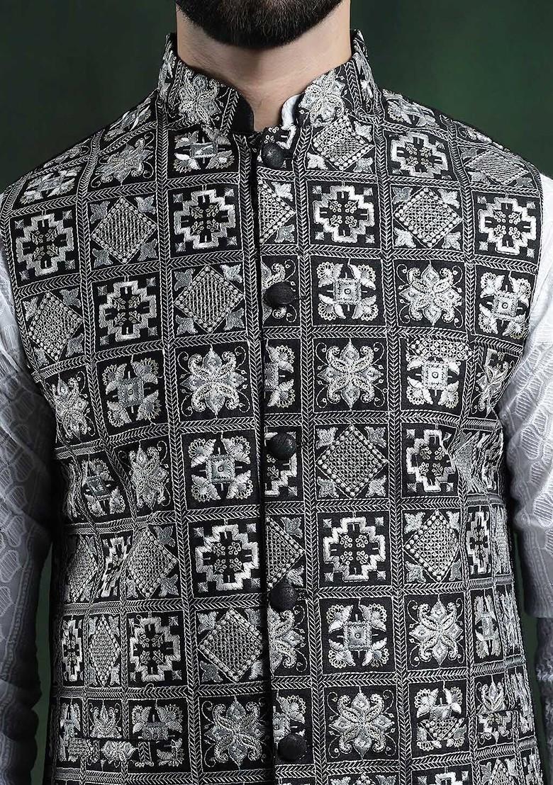 Black Embroidered Poly Blend Nehru Jackets For Men