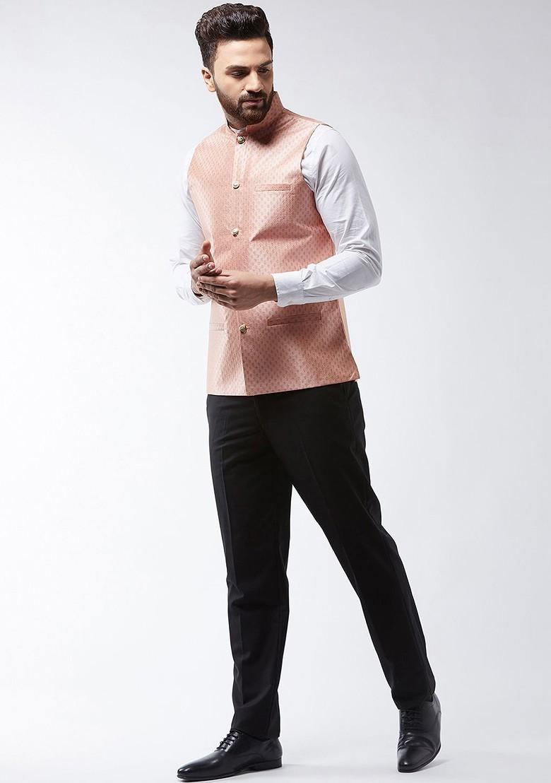 Peach Woven Poly Blend Nehru Jackets For Men