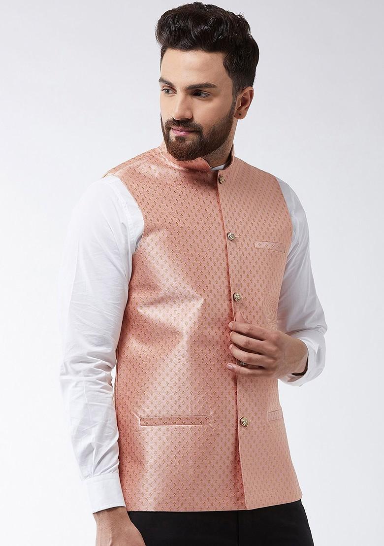 Peach Woven Poly Blend Nehru Jackets For Men