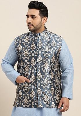 Navy Blue Ethnic Motifs Silk Nehru Jackets For Men
