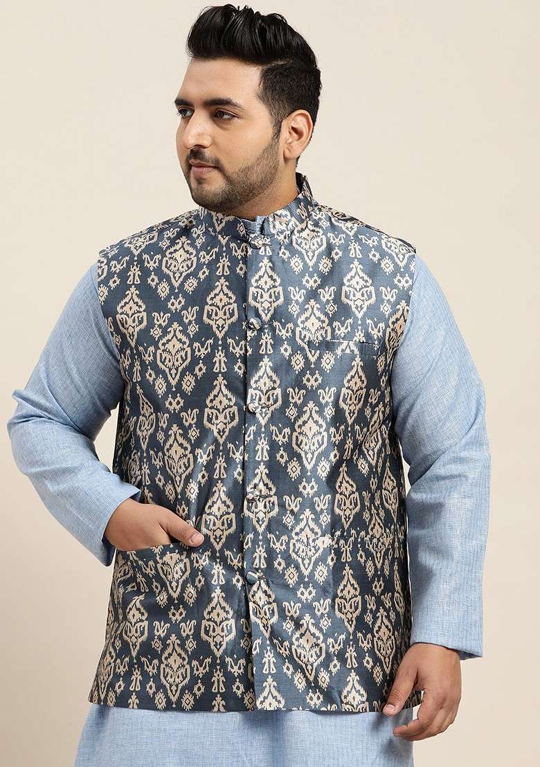 Navy Blue Ethnic Motifs Silk Blend Nehru Jackets For Men - Indya