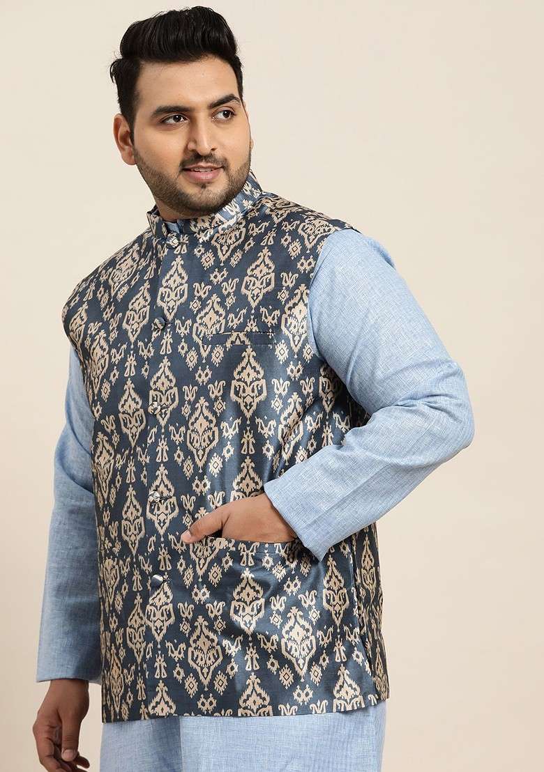Navy Blue Ethnic Motifs Silk Blend Nehru Jackets For Men - Indya