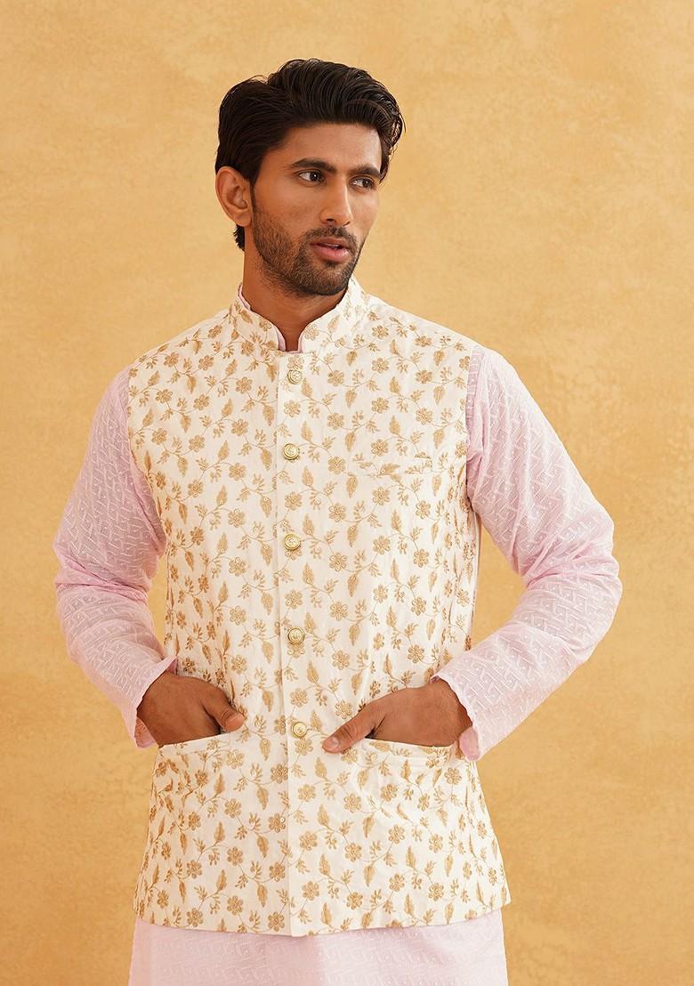 Cream Embroidered Poly Blend Nehru Jackets For Men