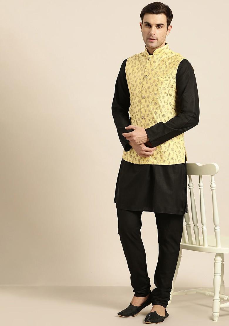 Yellow Embroidered Poly Blend Nehru Jackets For Men