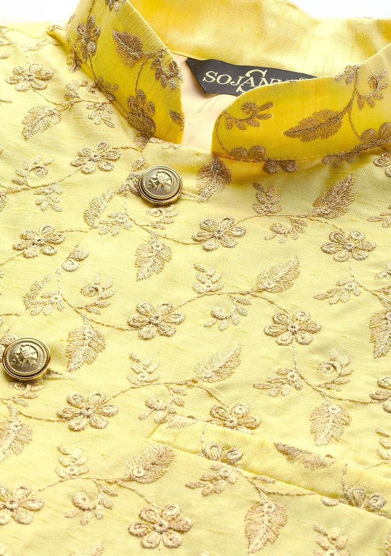 Yellow Embroidered Poly Blend Nehru Jackets For Men