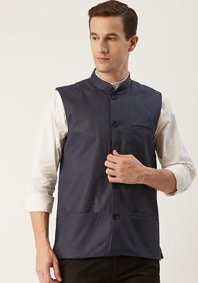 Charcoal Grey Solid Poly Blend Nehru Jackets For Men