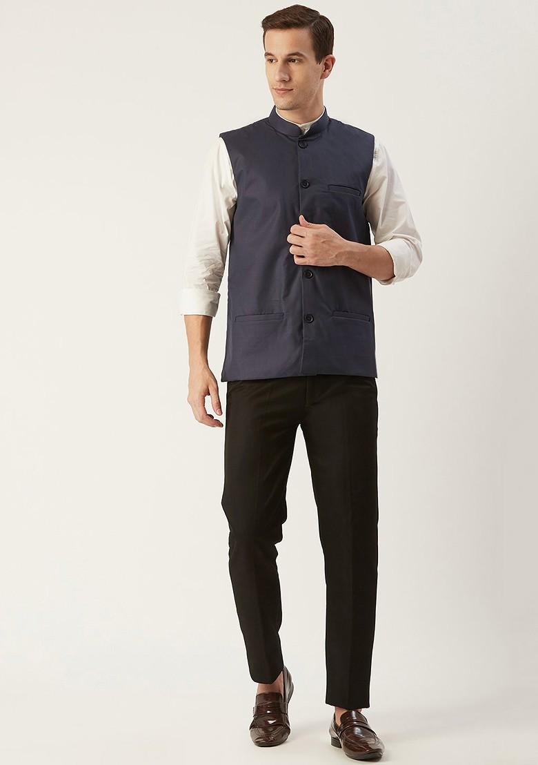 Charcoal Grey Solid Poly Blend Nehru Jackets For Men
