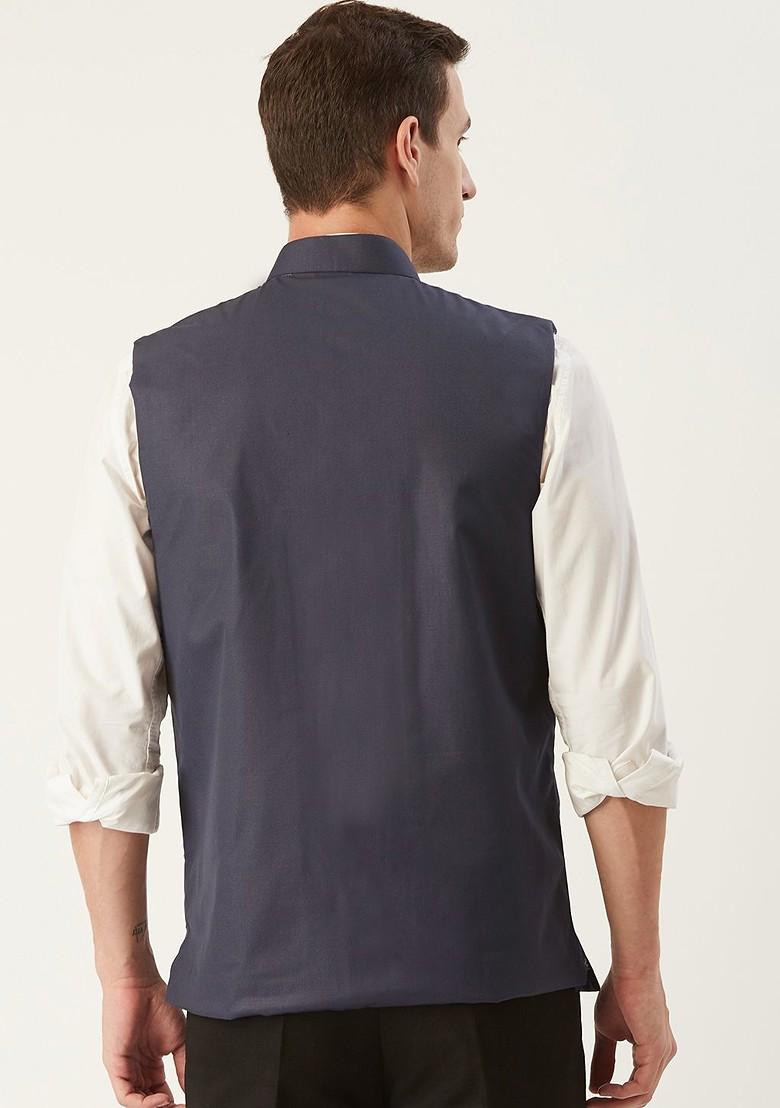 Charcoal Grey Solid Poly Blend Nehru Jackets For Men