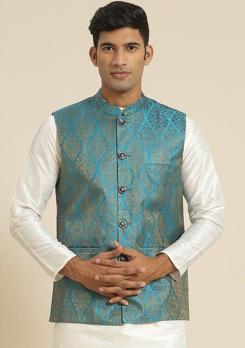 Green Woven Jacquard Nehru Jackets For Men